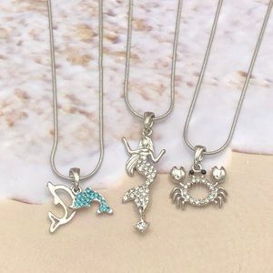 🌼 Crab Mermaid or Dolphin Rhinestone Silver Dainty Charm Necklace